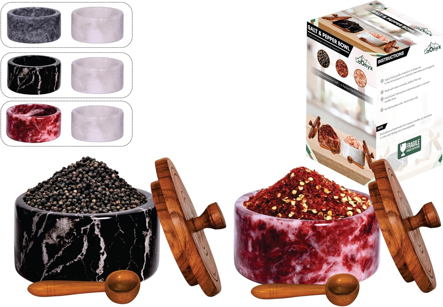 Marble Salt Cellar Set of 2 with Wooden Lids & Spoons